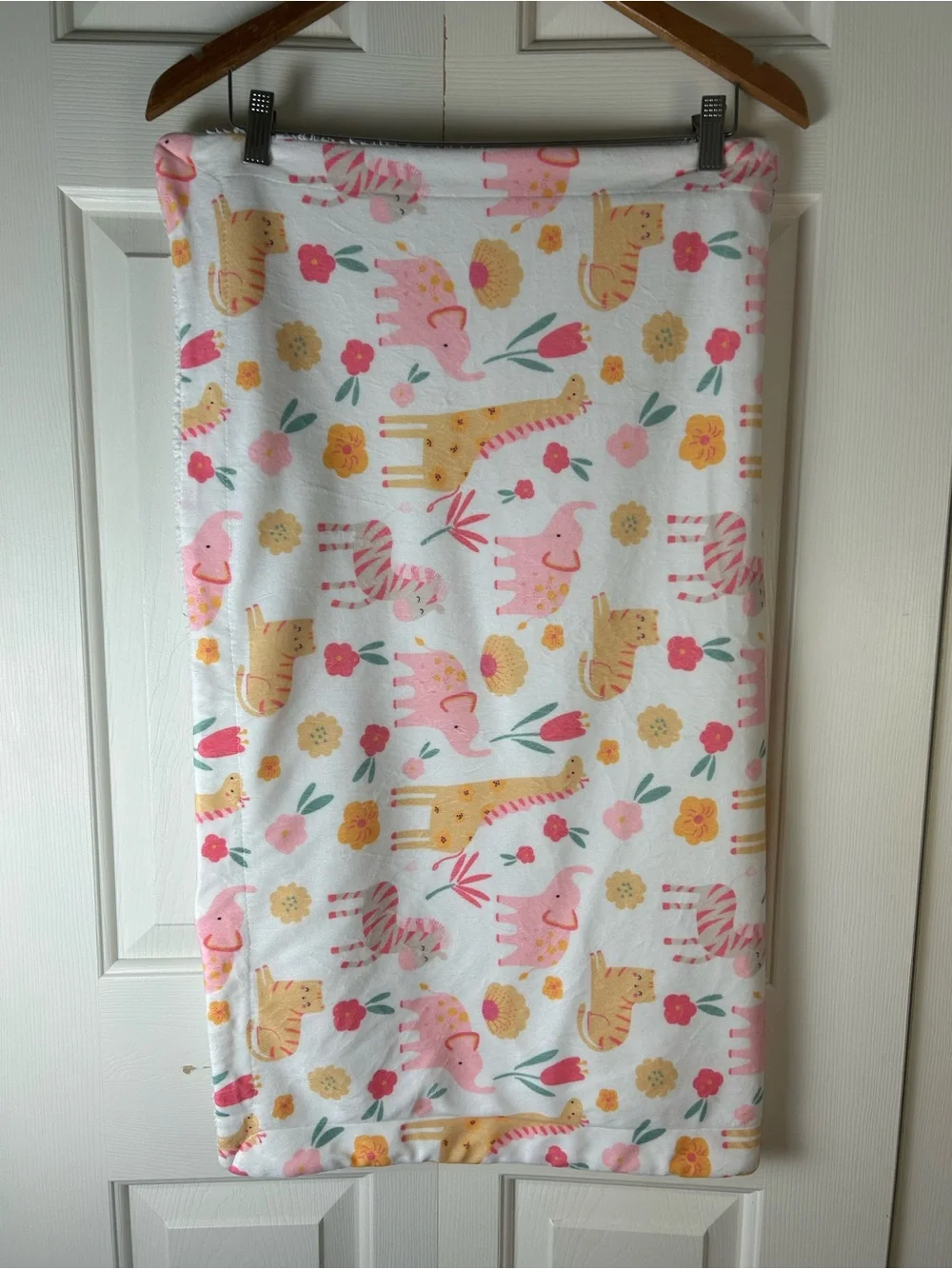 Pink Orange Yellow Elephant Giraffe Zebra Cat Baby Blanket Sherpa White Flowers